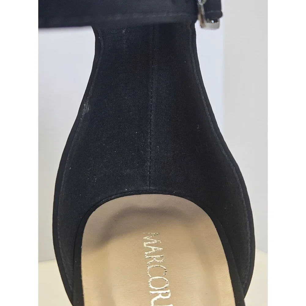 Stylish High Block Heel Women's Size 8 Open Toe Platform Ankle Strap Black Suede